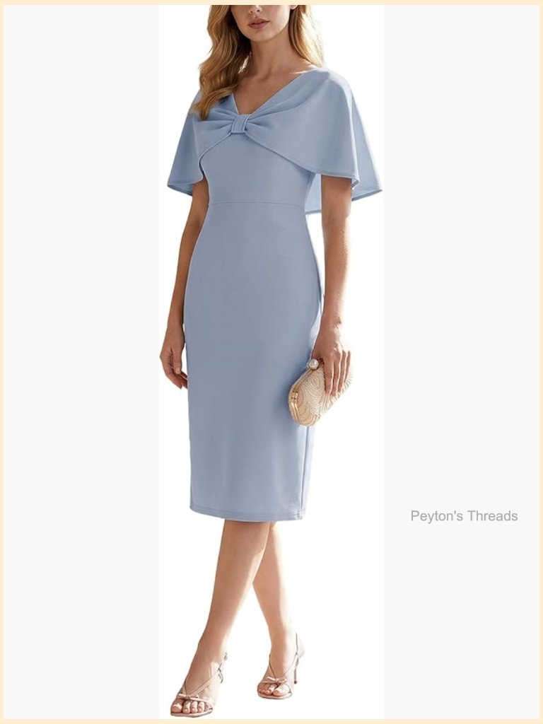 V-Neck Cape Sleeve Cocktail Wedding Guest Dress Midi A-Line Semi Formal